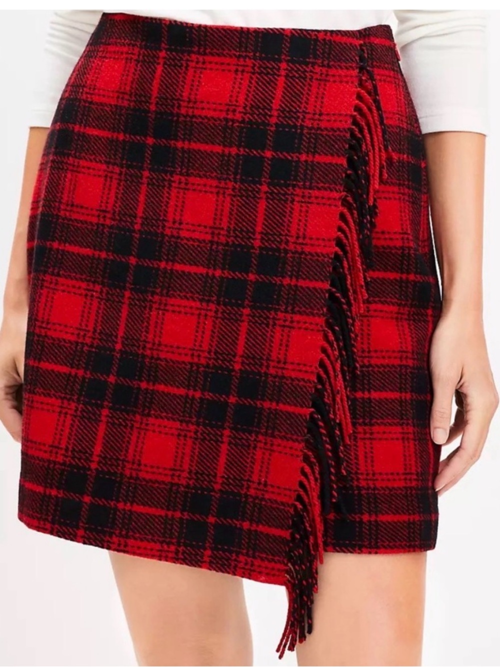 LOFT Red Plaid Fringe Mini Skirt